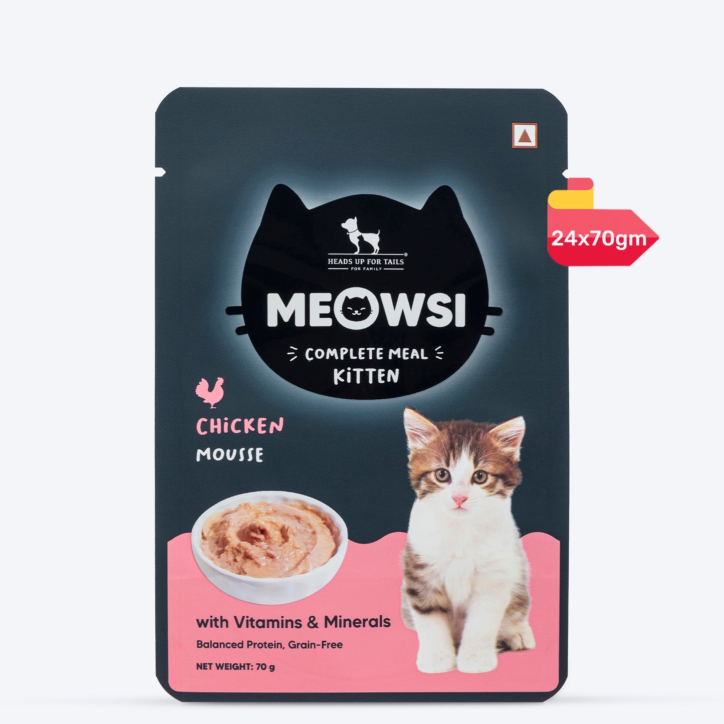 Meowsi by HUFT Chicken Mousse Kitten Wet Food, 70 gm, complete meal with vitamins and minerals, grain-free.