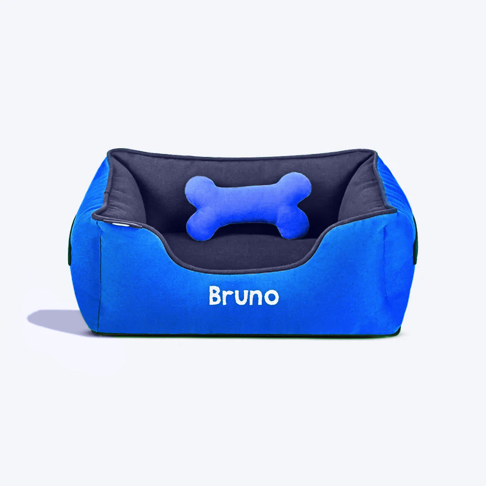 HUFT Personalised Classic Lounger Dog Bed (Free Bone Cushion) - Imperial Blue With Navy - Heads Up For Tails