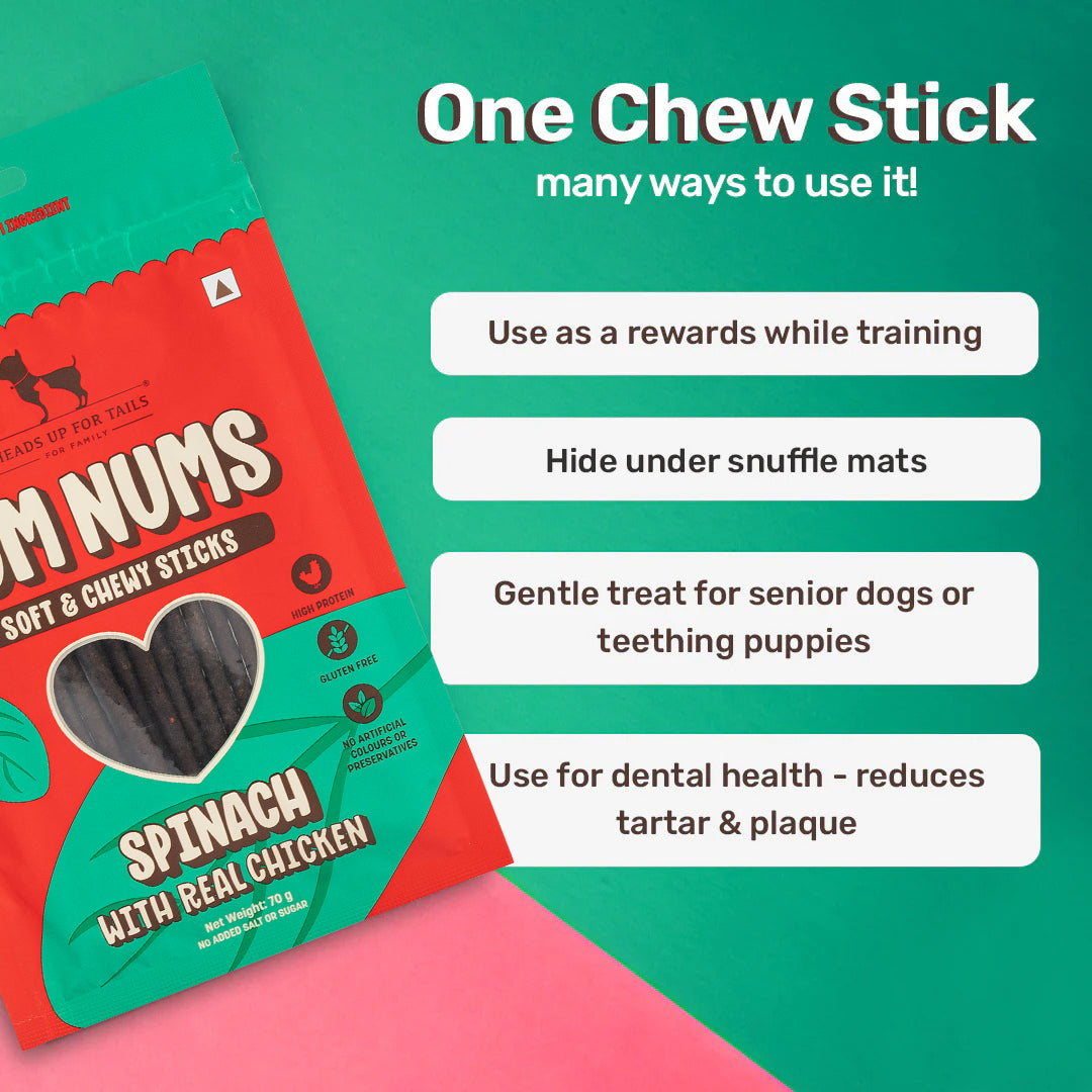 HUFT Yum Nums Dog Treats Soft & Chewy Sticks Spinach With Real Chicken - 70 gm - Heads Up For Tails
