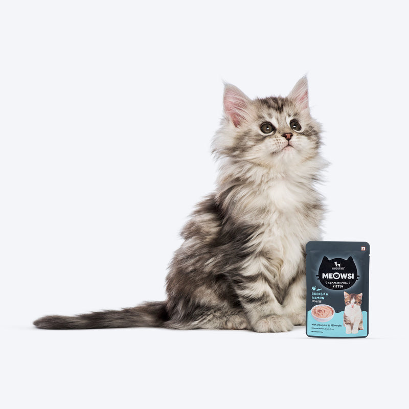 Meowsi by HUFT Chicken & Salmon Mousse Kitten Wet Food, 70 gm, complete meal with vitamins and minerals, grain-free.