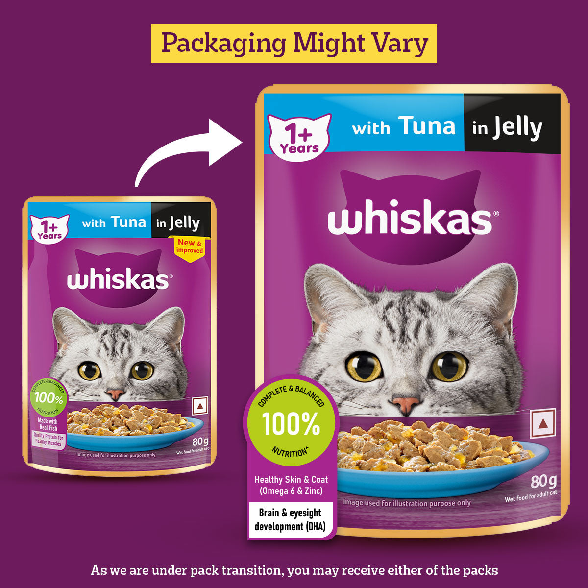 Whiskas Tuna in Jelly  (1+ Years) Wet Food For Adult Cat - 80 gm Pack - Heads Up For Tails
