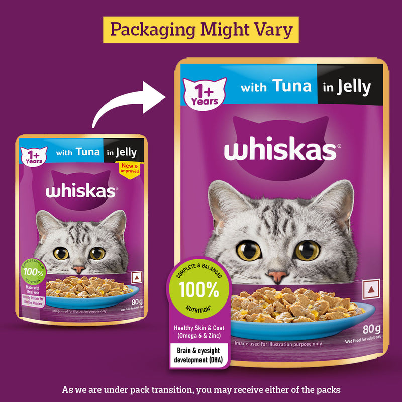 Whiskas Tuna in Jelly (1+ Years) Wet Food For Adult Cat - 80 gm Pack - Heads Up For Tails