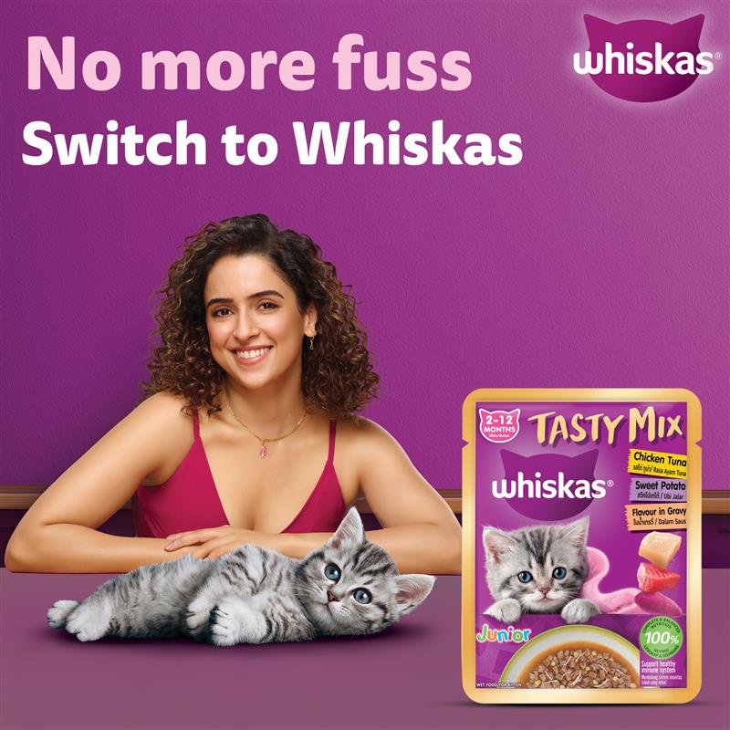 Whiskas Tasty Mix Chicken Tuna With Sweet Potato In Gravy Wet Food For Junior (2-12 Months) Kitten - 70 gm Pack - Heads Up For Tails