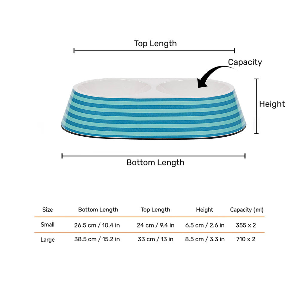 HUFT Happy Stripes Printed Melamine Double Diner For Dog - Blue & Turquoise - Heads Up For Tails