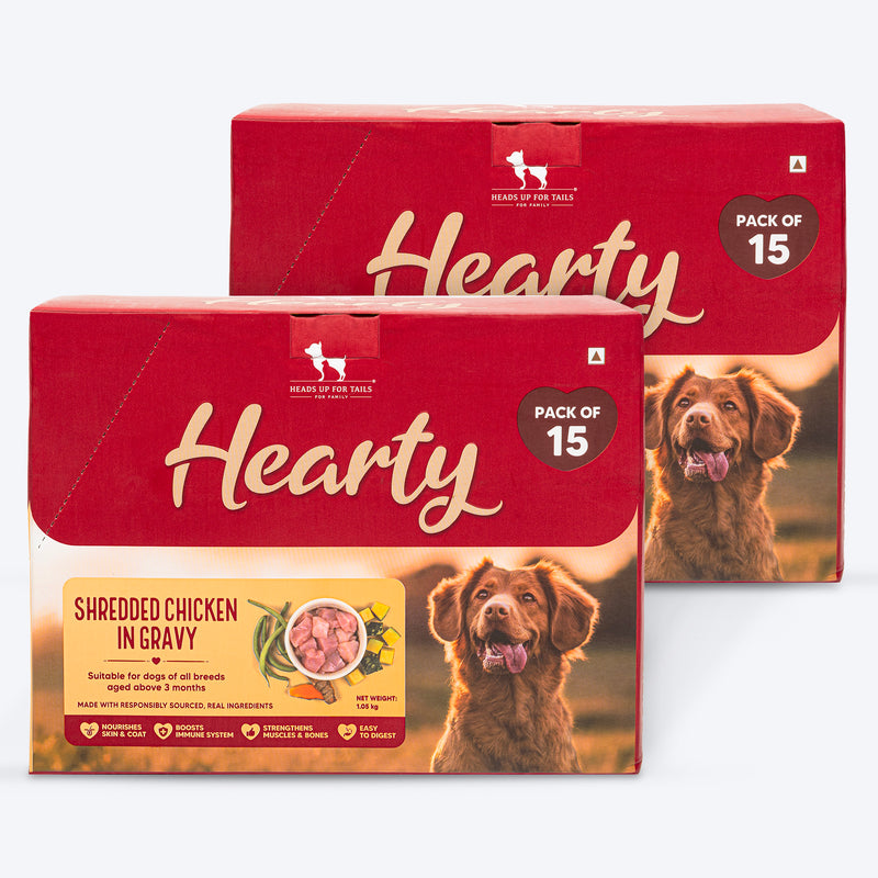 Hearty Shredded Chicken & Pumpkin in Gravy dog food by Heads Up for Tails, 70 g pouch. Suitable for all breeds.