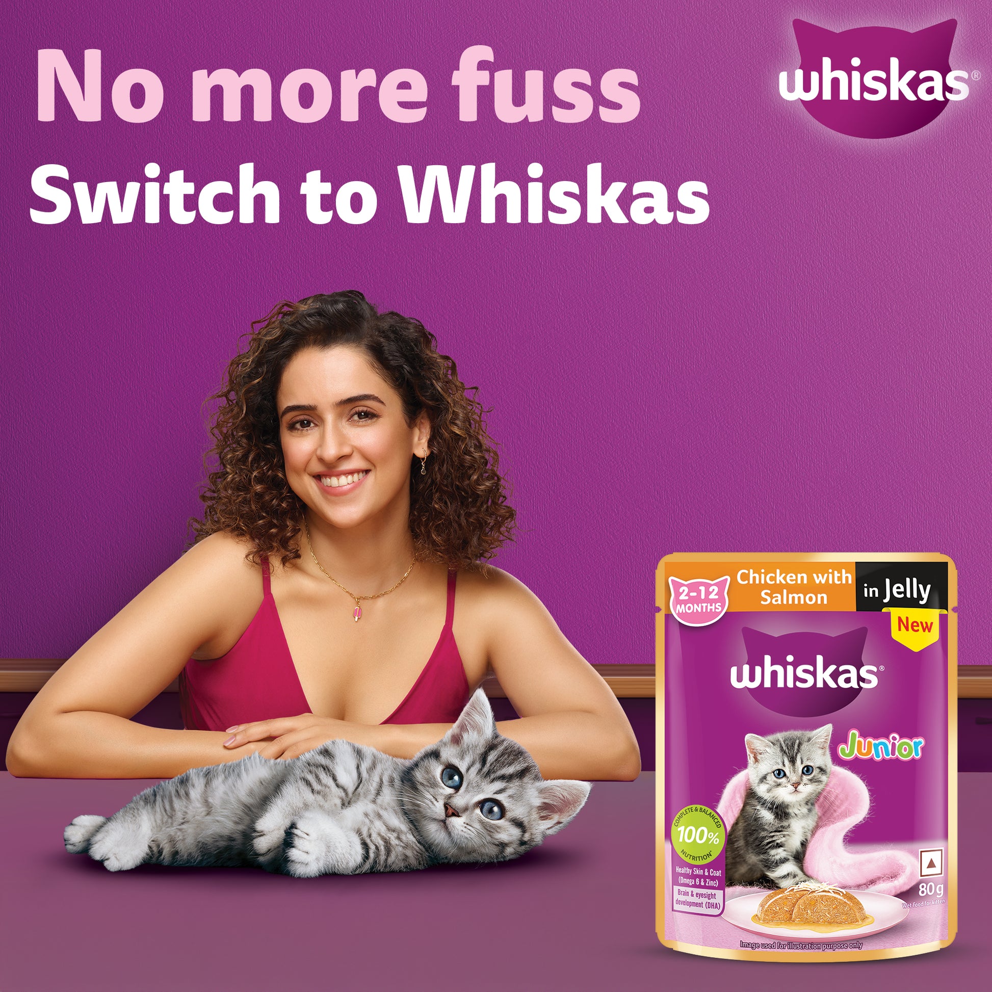 Whiskas Chicken With Salmon In Jelly Wet Food For Junior (2-12 Months) Kitten - 80 gm Pack - Heads Up For Tails