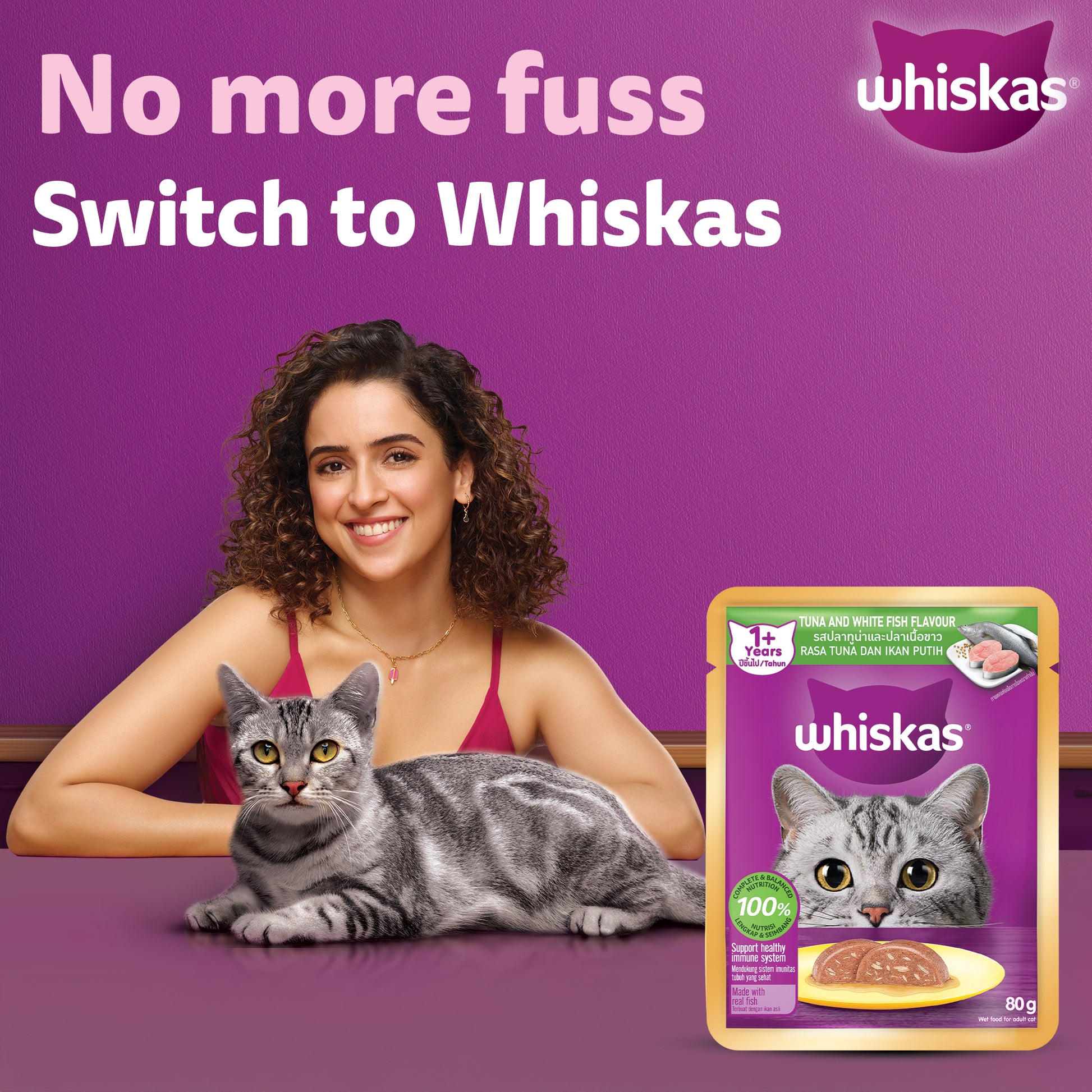 Whiskas Tuna And White Fish Wet Food For Adult Cat - 80 gm - Heads Up For Tails