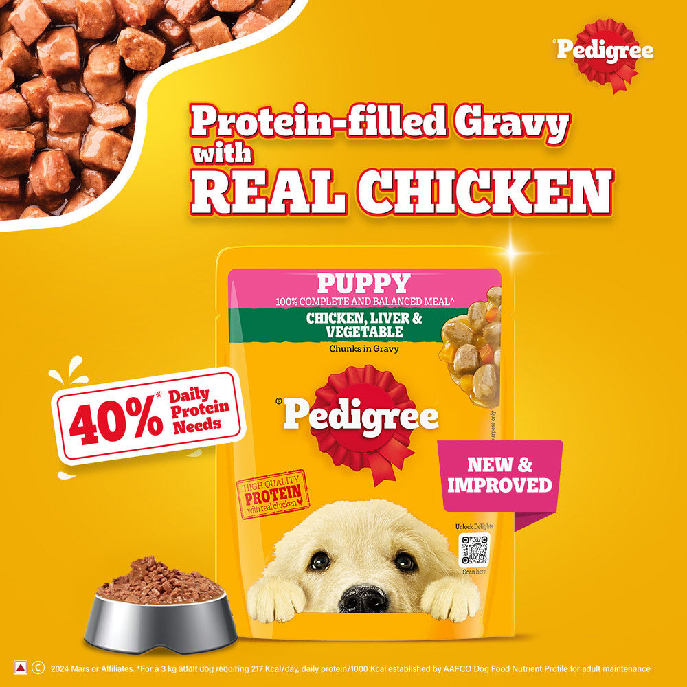 Pedigree Chicken & Liver Chunks in Gravy with Vegetables Wet Puppy Food - 70Gm Packs - Heads Up For Tails