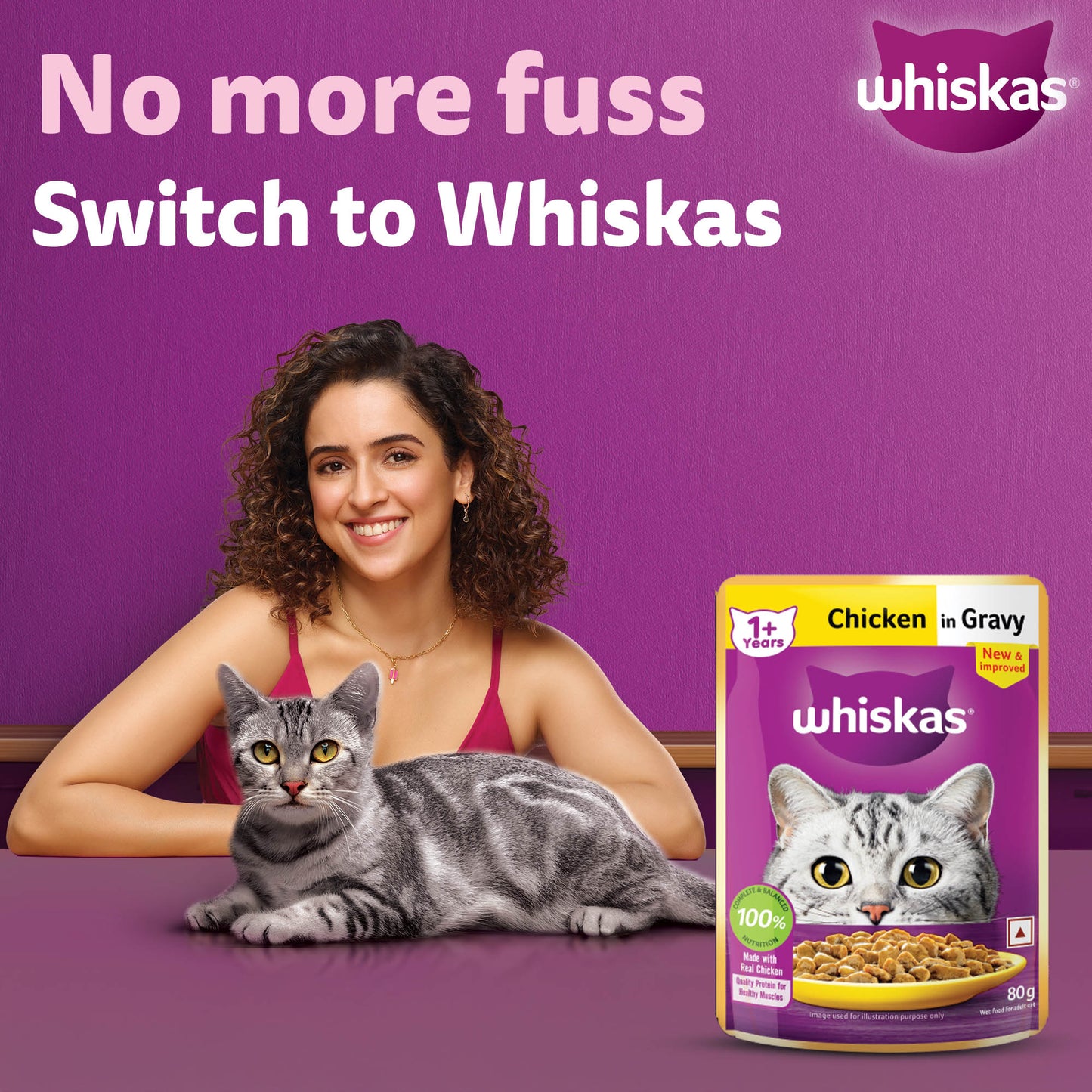 Whiskas Chicken in Gravy (1+ Years) Wet Food For Adult Cat - 80 gm Pack - Heads Up For Tails