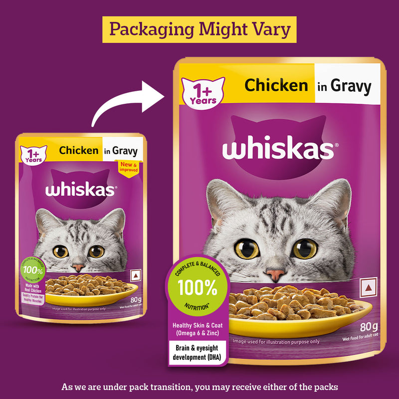 Whiskas Chicken in Gravy (1+ Years) Wet Food For Adult Cat - 80 gm Pack - Heads Up For Tails