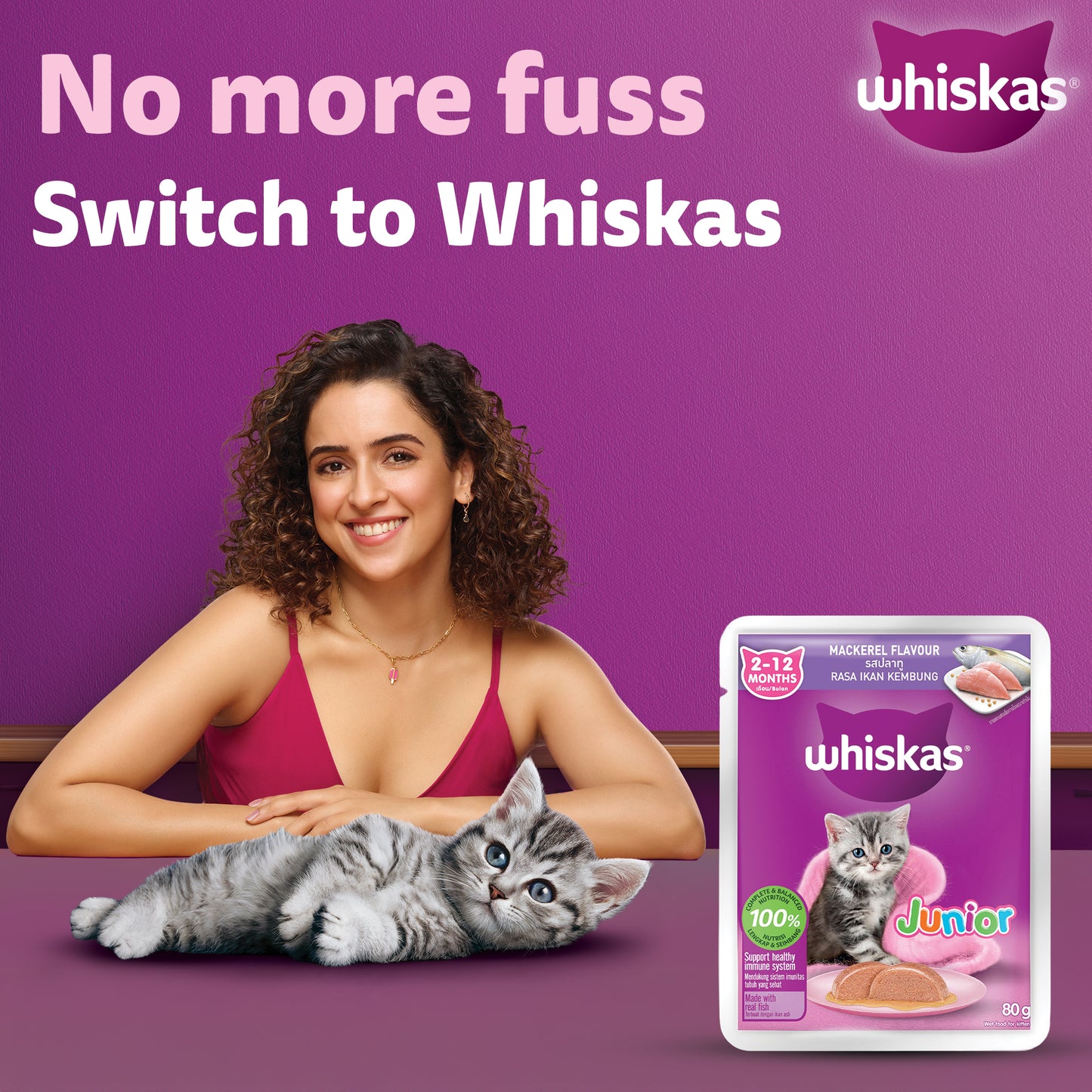 Whiskas Mackerel In Jelly Wet Food For Junior (2-12 Months) Kitten - 80 gm Pack - Heads Up For Tails