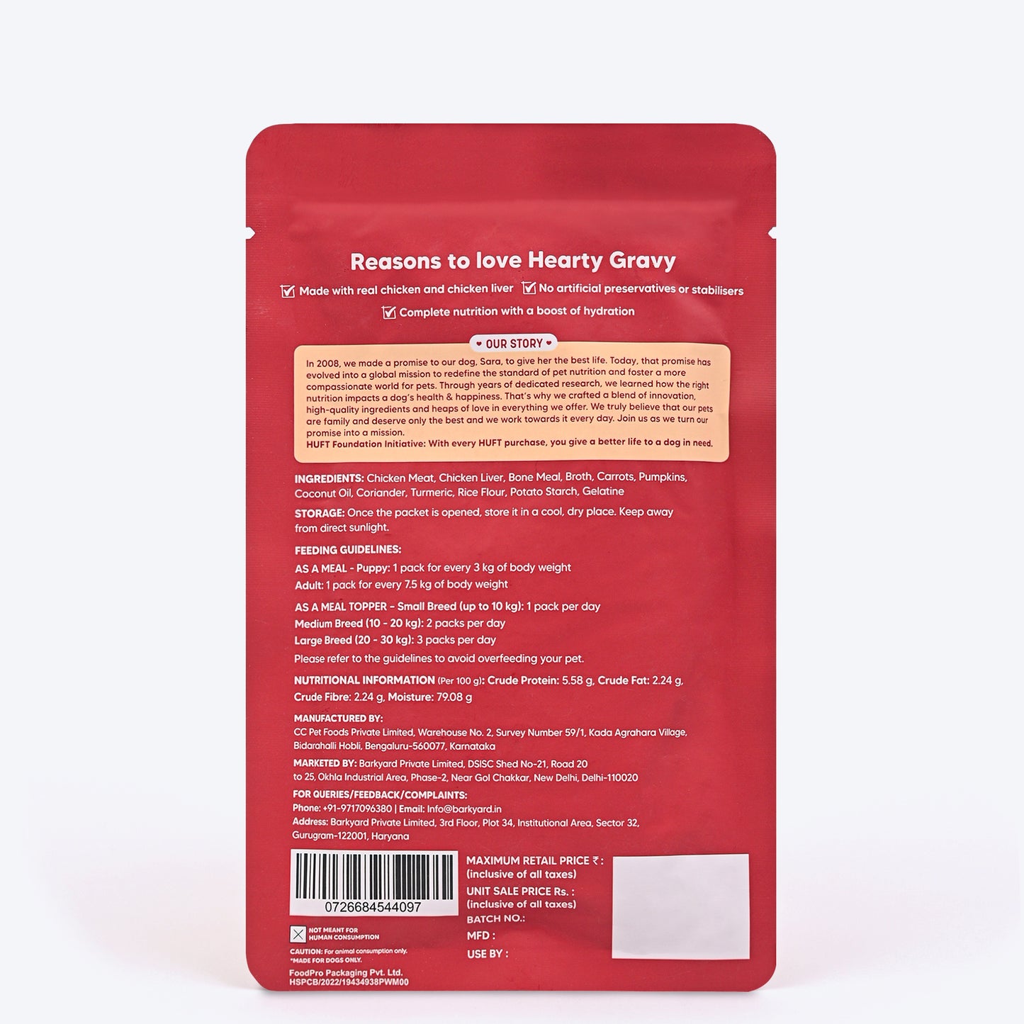 Hearty Chunky Chicken & Liver In Gravy Dog Wet Food - 70 g - Heads Up For Tails