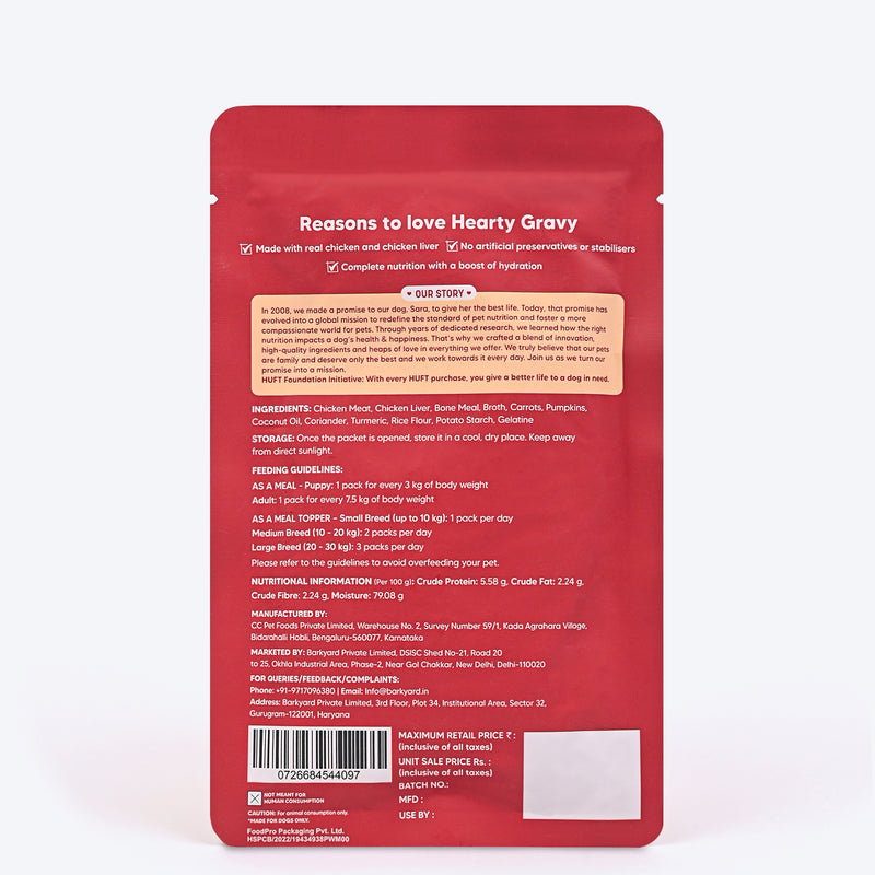 Hearty Chunky Chicken & Liver in Gravy dog wet food by Heads Up for Tails, 70 g, suitable for dogs over 3 months.