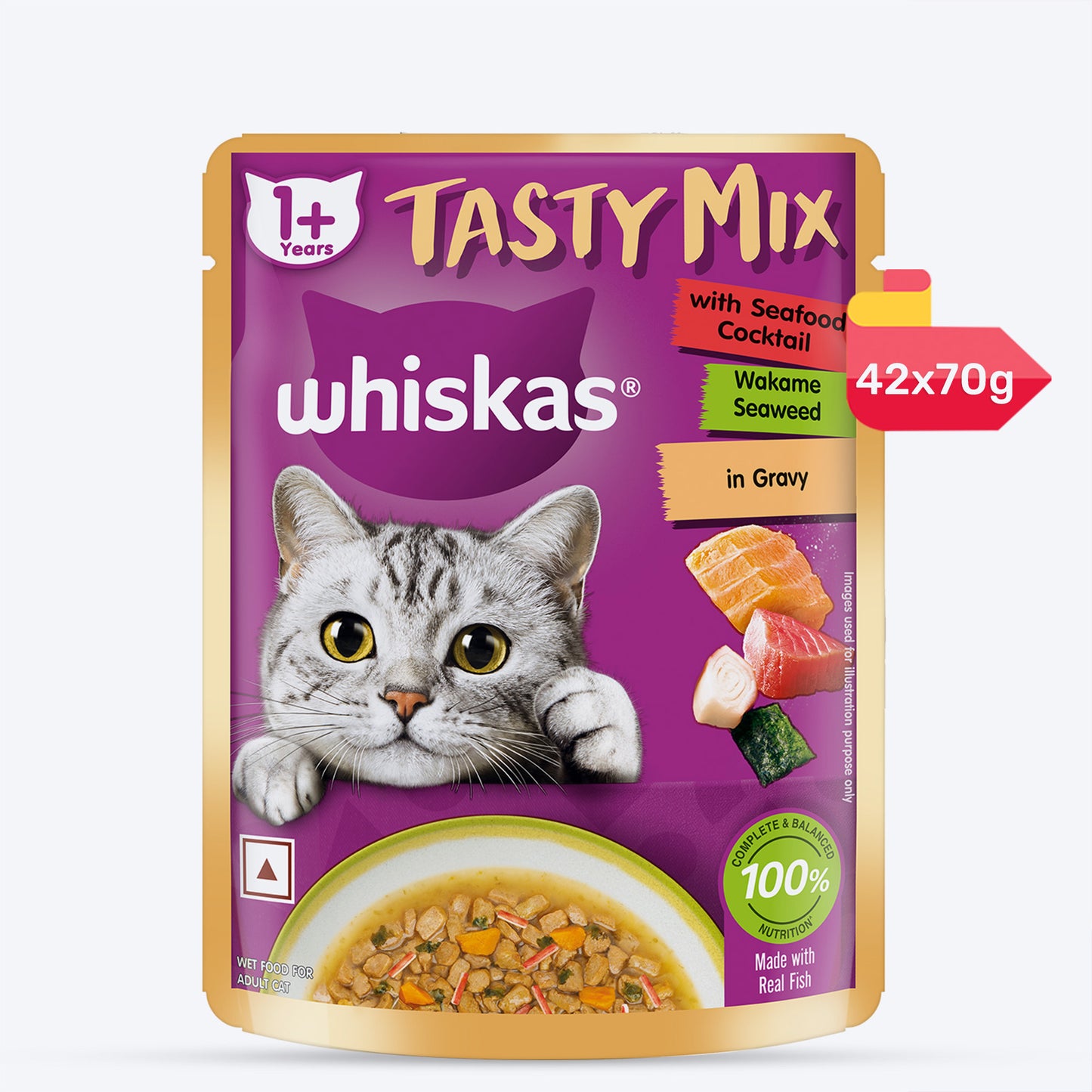 Whiskas Tasty Mix Wet Food Made With Real Fish (Seafood Cocktail & Wakame Seaweed) in Gravy For Adult (1+ year) Cat - 70 gm Pack - Heads Up For Tails