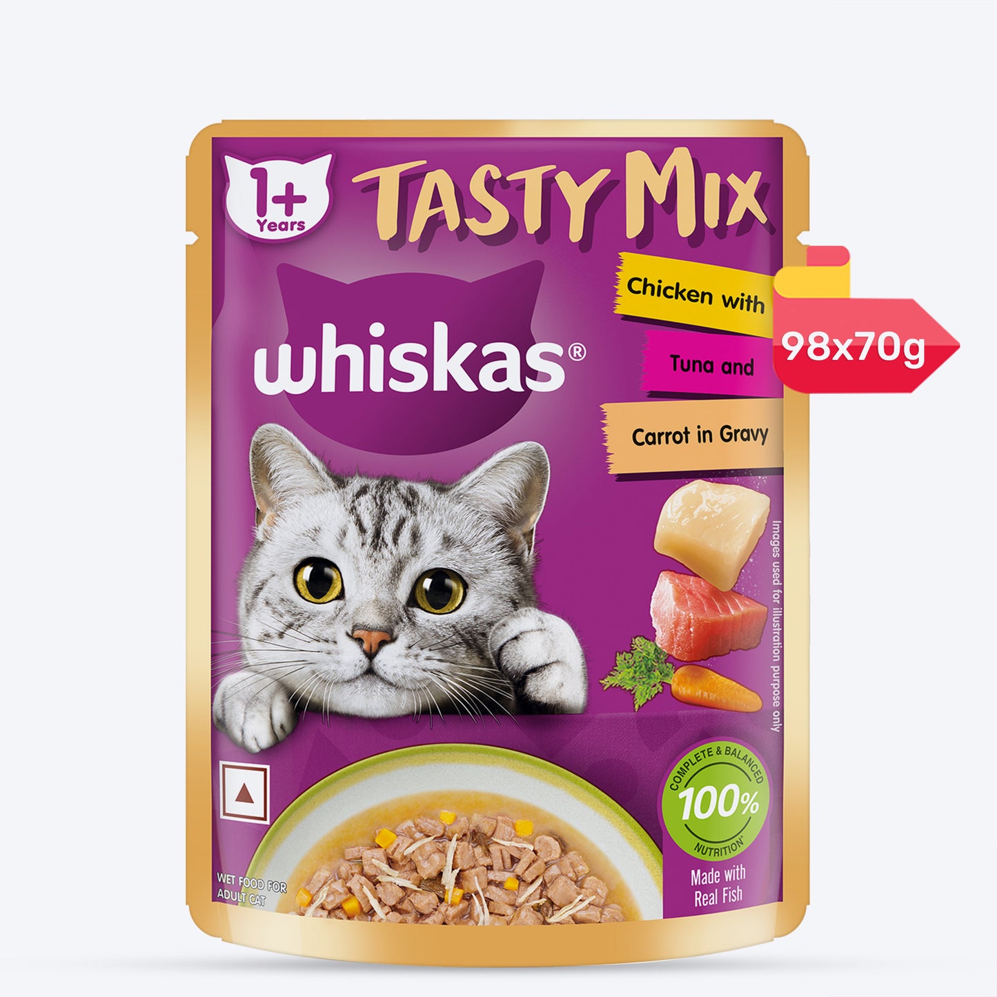 Whiskas Tasty Mix Wet Food Made With Real Fish(Tuna), Chicken & Carrot in Gravy For Adult (1+ year) Cat - 70 gm Pack - Heads Up For Tails