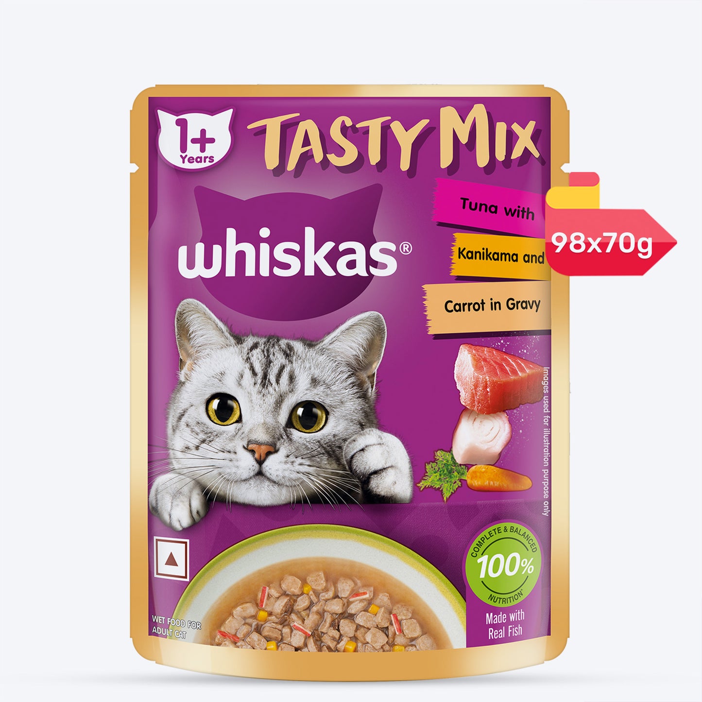 Whiskas Tasty Mix Wet Food Made With Real Fish (Tuna & Kanikama), And Carrot in Gravy For Adult (1+ year) Cat - 70 gm Pack - Heads Up For Tails