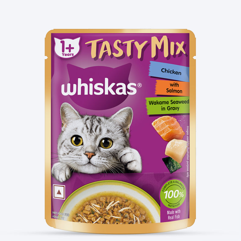 Whiskas Tasty Mix Wet Food Made With Real Fish (Salmon & Wakame Seaweed) With Chicken in Gravy For Adult (1+ year) Cat - 70 gm Pack - Heads Up For Tails