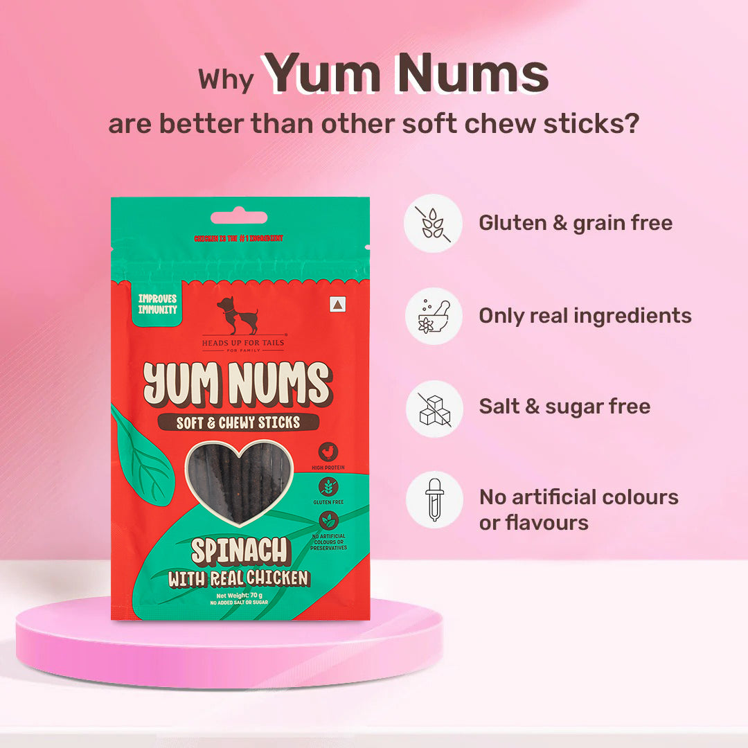 HUFT Yum Nums Dog Treats Soft & Chewy Sticks Spinach With Real Chicken - 70 gm - Heads Up For Tails