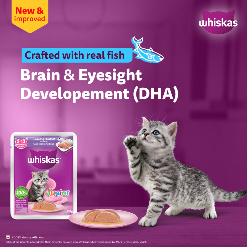 Whiskas Mackerel In Jelly Wet Food For Junior (2-12 Months) Kitten - 80 gm Pack - Heads Up For Tails