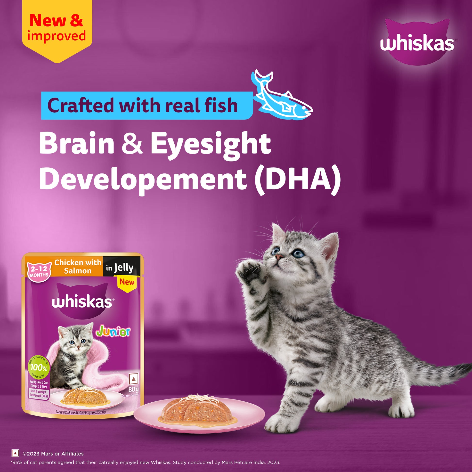 Whiskas Chicken With Salmon In Jelly Wet Food For Junior (2-12 Months) Kitten - 80 gm Pack - Heads Up For Tails