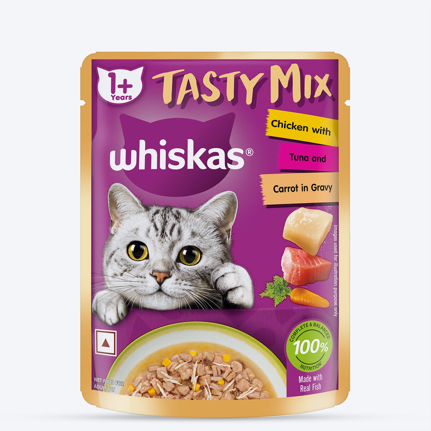 Whiskas Tasty Mix Wet Food Made With Real Fish(Tuna), Chicken & Carrot in Gravy For Adult (1+ year) Cat - 70 gm Pack - Heads Up For Tails