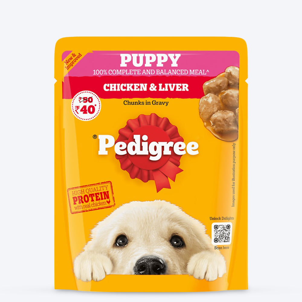 Pedigree Chicken & Liver Chunks In Gravy New Born Puppy Wet Food - 2.1 kg (30x0.07 kg) - Heads Up For Tails