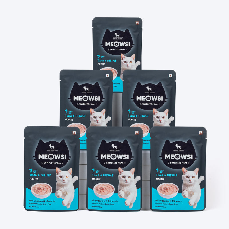 Meowsi by HUFT Tuna & Shrimp Mousse Cat Wet Food, 80 gm, grain-free, with vitamins and minerals for balanced nutrition.