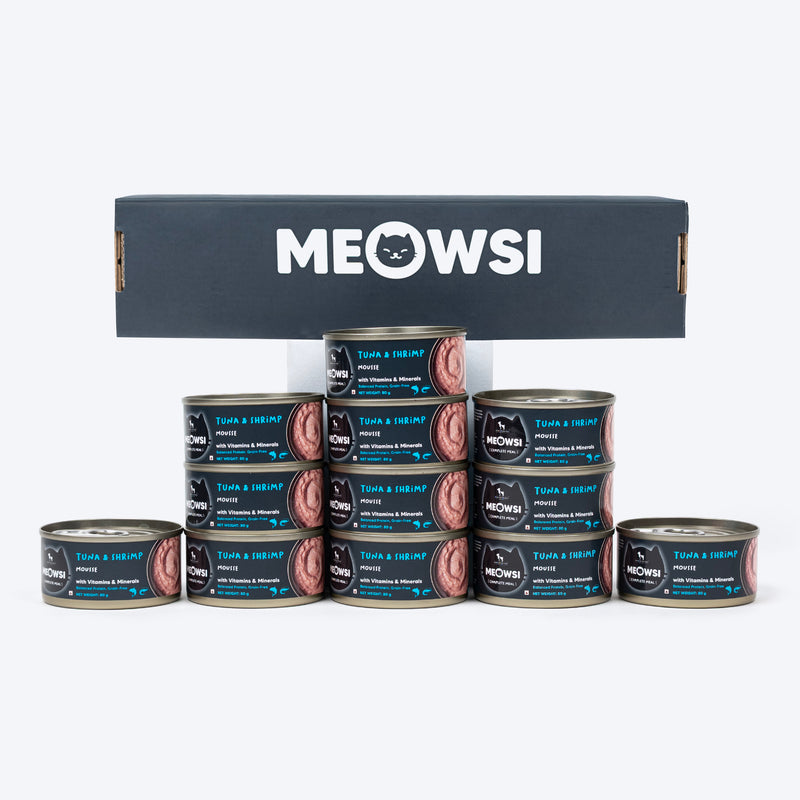 Meowsi by HUFT Tuna & Shrimp Mousse Canned Cat Wet Food, 80 gm, with vitamins and minerals, grain-free formula.