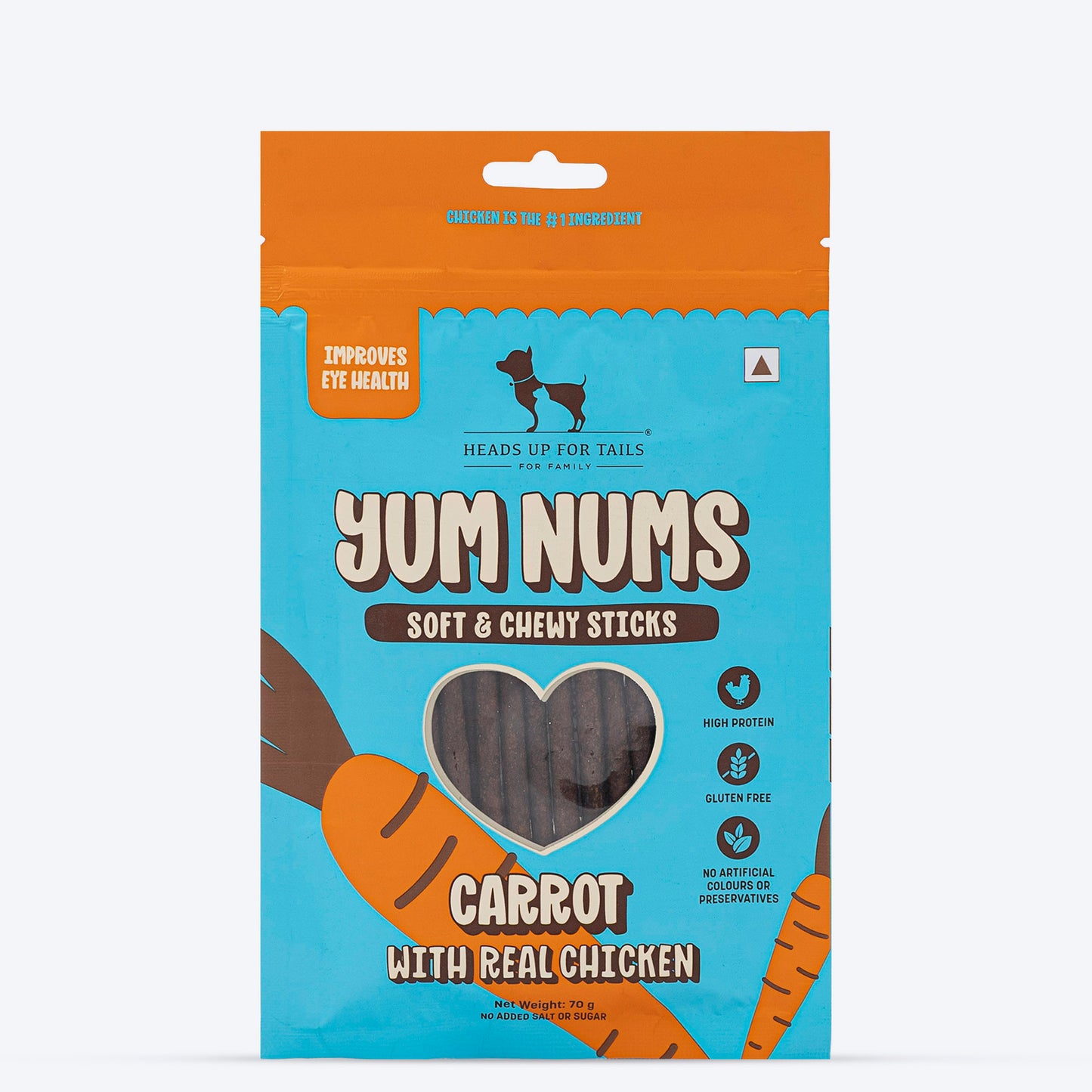 HUFT Yum Nums Dog Treats Soft & Chewy Sticks Carrot With Real Chicken - 70 gm - Heads Up For Tails