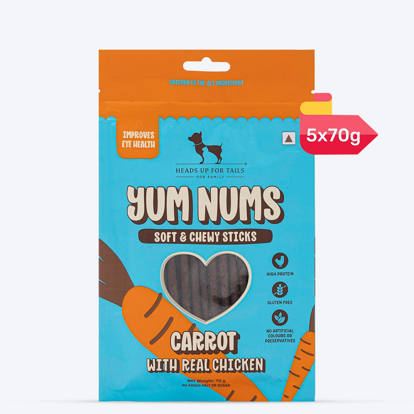 HUFT Yum Nums Dog Treats Soft & Chewy Sticks Carrot With Real Chicken - 70 gm - Heads Up For Tails