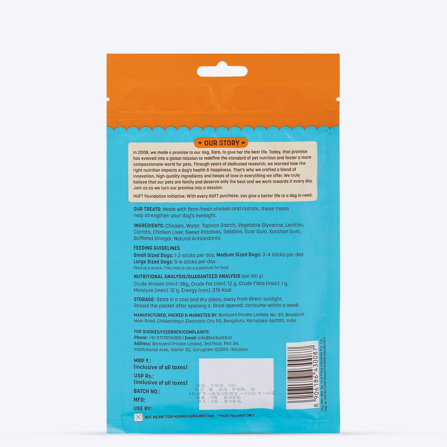 HUFT Yum Nums Dog Treats Soft & Chewy Sticks Carrot With Real Chicken - 70 gm - Heads Up For Tails