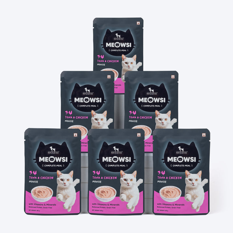Meowsi by HUFT Tuna & Chicken in Mousse Cat Wet Food, 80 gm, features a cat graphic and a bowl of mousse on the packaging.