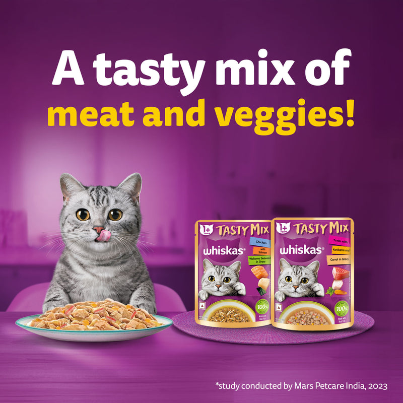 Whiskas Tasty Mix Wet Food Made With Real Fish (Tuna & Kanikama), And Carrot in Gravy For Adult (1+ year) Cat - 70 gm Pack - Heads Up For Tails