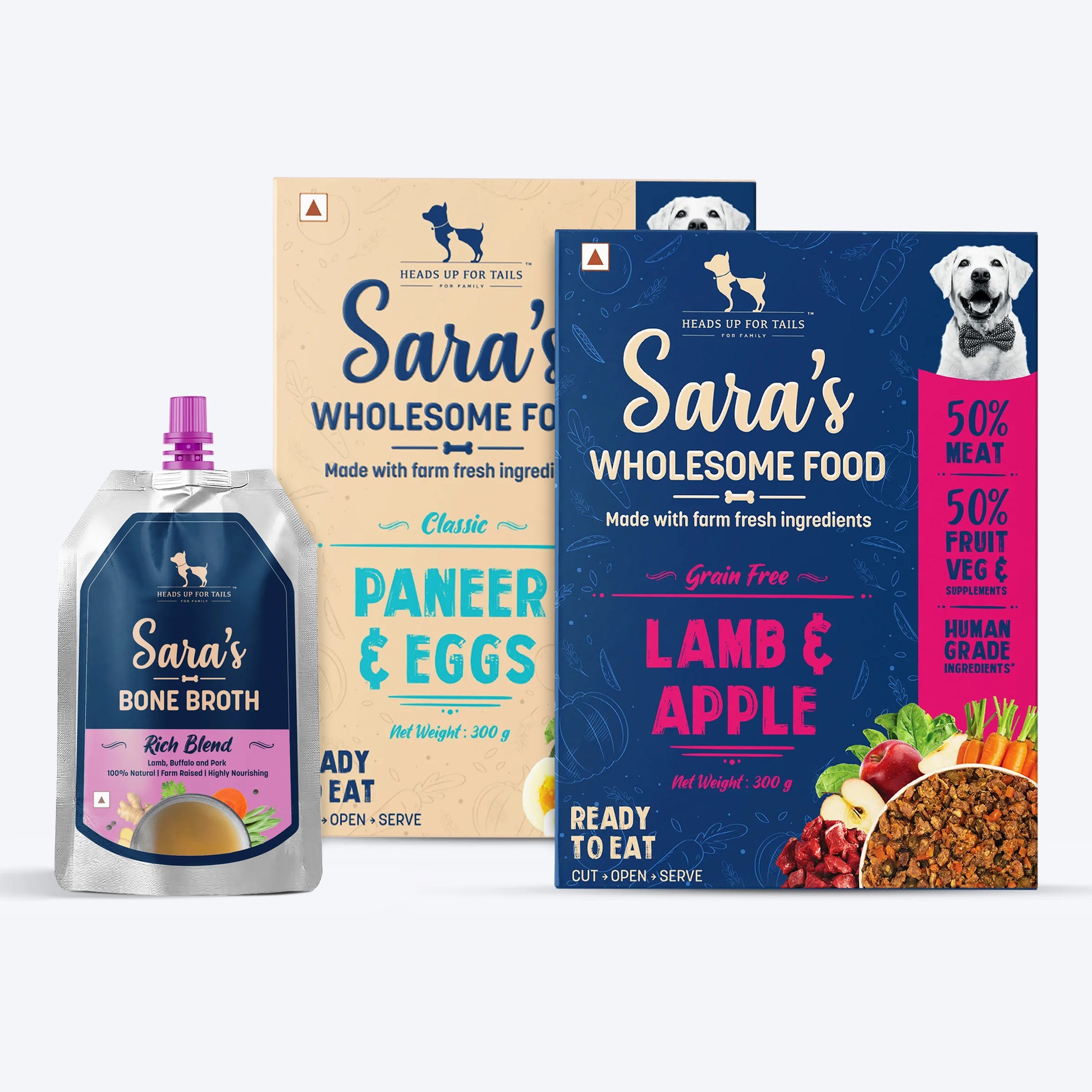 HUFT Sara's Wholesome Food- Classic Paneer and Eggs, Grain-free Lamb & Apple and Sara's Rich Blend Bone Broth - 01