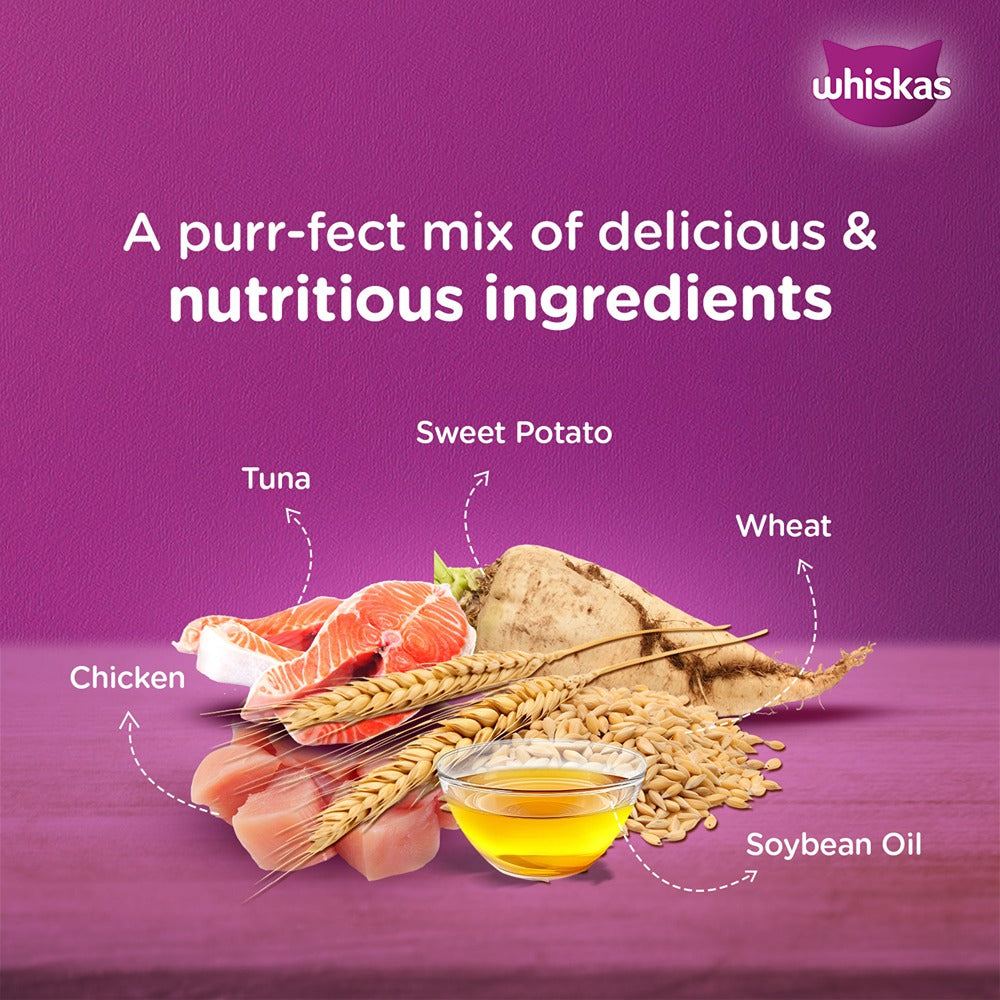Whiskas Tasty Mix Chicken Tuna With Sweet Potato In Gravy Wet Food For Junior (2-12 Months) Kitten - 70 gm Pack - Heads Up For Tails