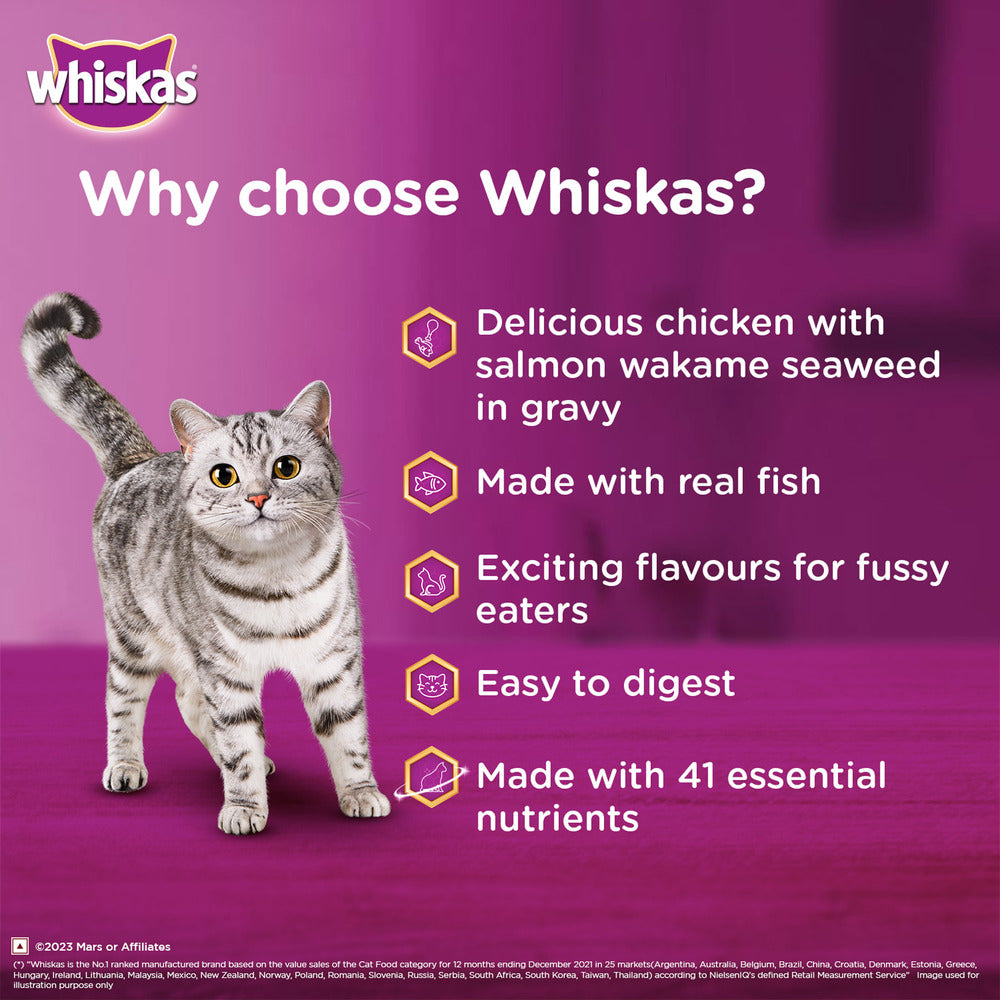 Whiskas Tasty Mix Wet Food Made With Real Fish (Salmon & Wakame Seaweed) With Chicken in Gravy For Adult (1+ year) Cat - 70 gm Pack