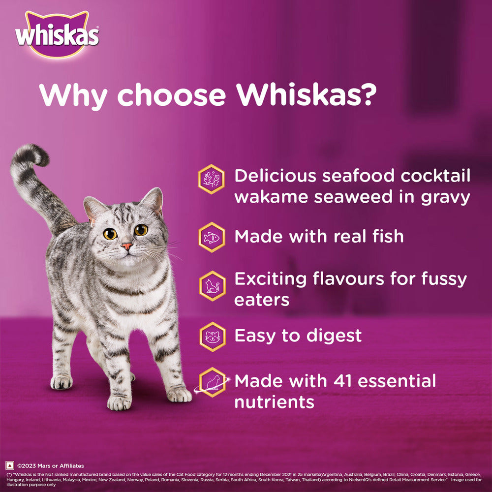 Whiskas Chicken With Salmon Wakame Seaweed Wet Food For Adult Cat - (28x70 gm) - Heads Up For Tails