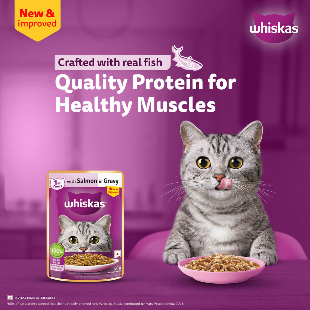 Whiskas Salmon in Gravy (1+ Years) Wet Food For Adult Cat - 80 gm Pack - Heads Up For Tails