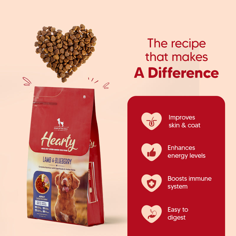 Hearty Lamb & Blueberry Oven-Baked Adult Dog Food by Heads Up for Tails, suitable for all breeds, 60% animal protein.