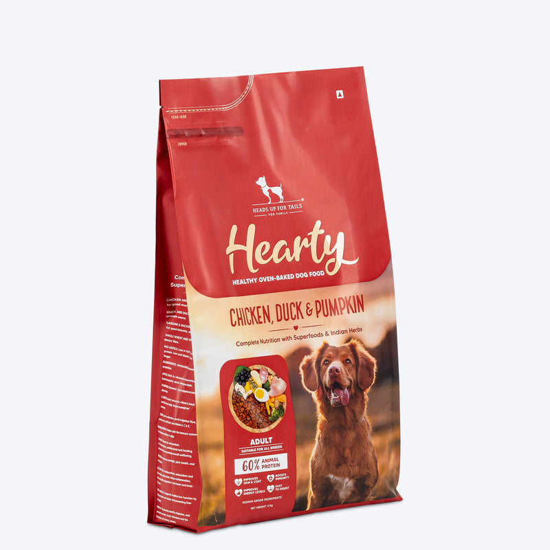 Hearty Oven-Baked Dog Food by Heads Up for Tails, Chicken, Duck and Pumpkin, 250g, suitable for all breeds.