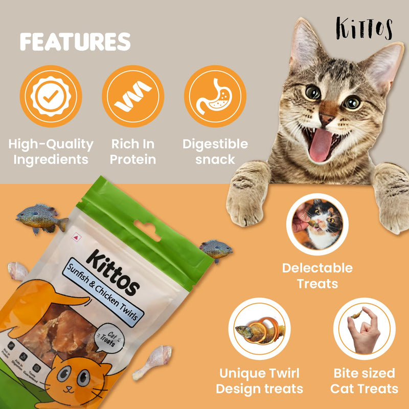 Kittos Purr-Fect Sunfish & Chicken Twirls Cat Treats - 35 g - Heads Up For Tails