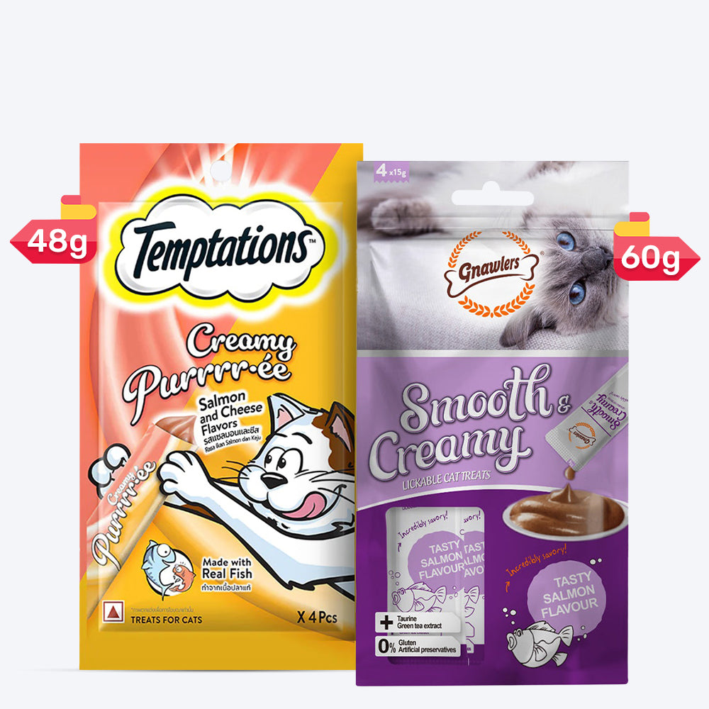 Temptations & Gnawlers Salmon Surprise Treat Combo For Cat - Heads Up For Tails