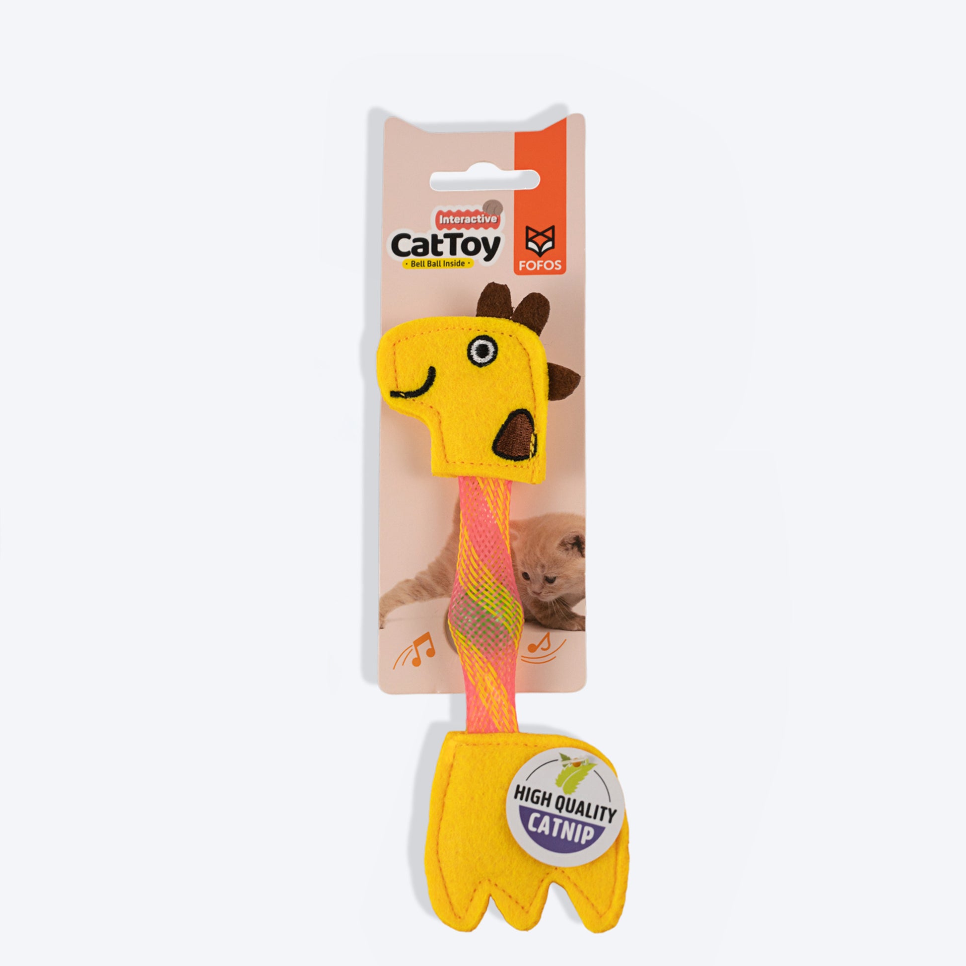 FOFOS Giraffe Flicking Tube Inside Bell Ball Catnip Interactive Toy For Cat - Yellow - Heads Up For Tails
