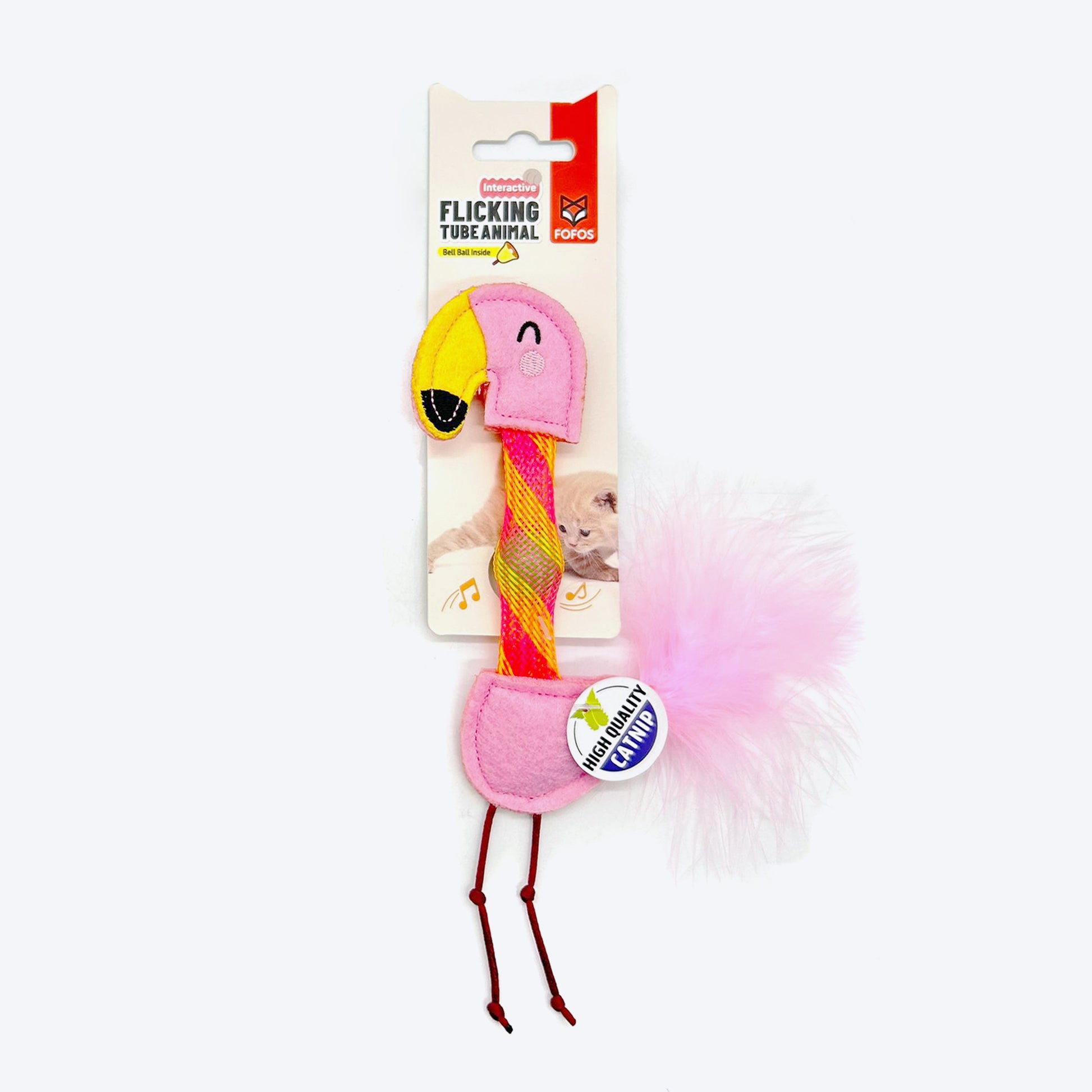 FOFOS Flamingo Flicking Tube Inside Bell Ball Catnip Interactive Toy For Cat - Pink - Heads Up For Tails