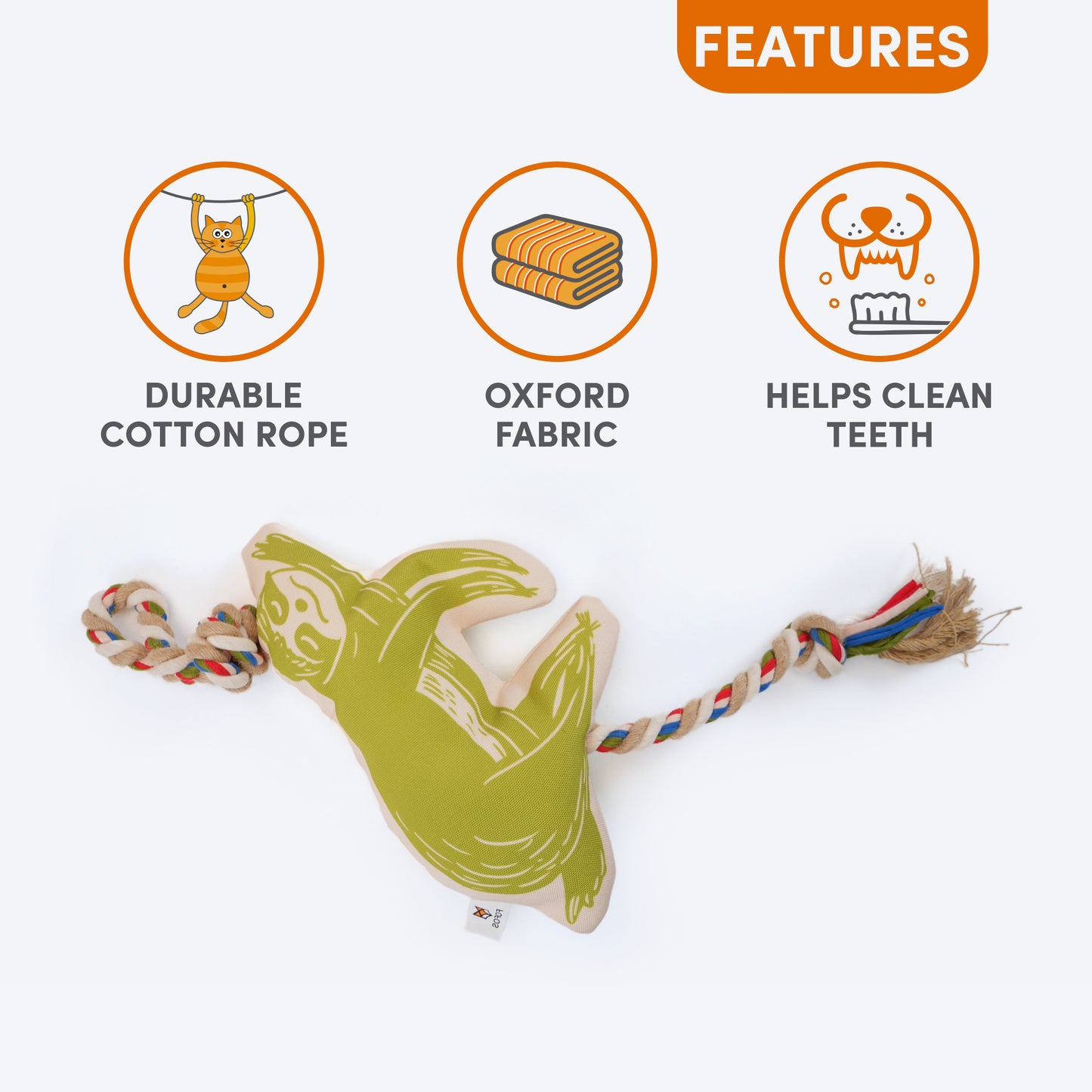FOFOS Sloth Squeaky With Flossy Rope Toy For Dog - Green - Heads Up For Tails
