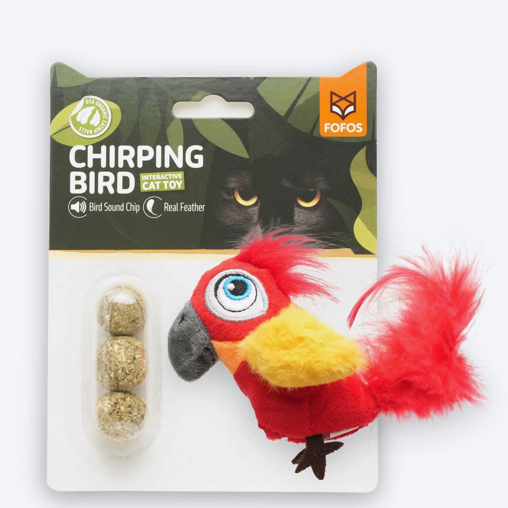 FOFOS Chirping Parrot Sound With Catnip Balls Interactive Toy For Cat - Red & Yellow - Heads Up For Tails