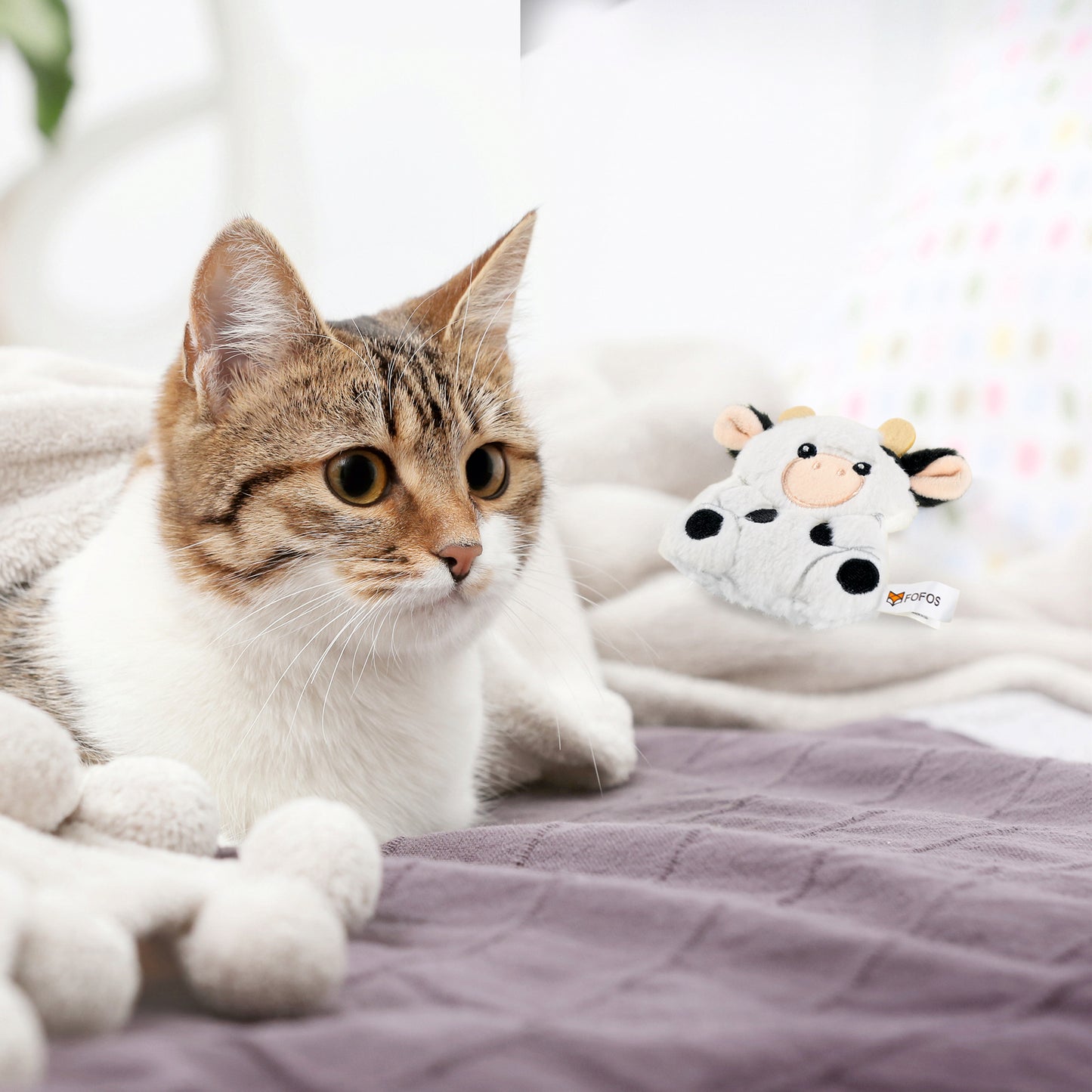FOFOS Cow Floppy Crinkle Catnip Plush Toy For Cat - White - Heads Up For Tails