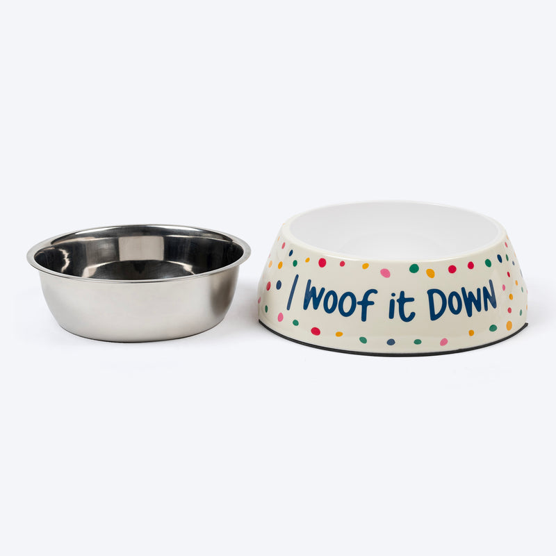 HUFT I Woof It Down Printed Melamine Bowl With Steel Insert For Dog - Beige - Heads Up For Tails