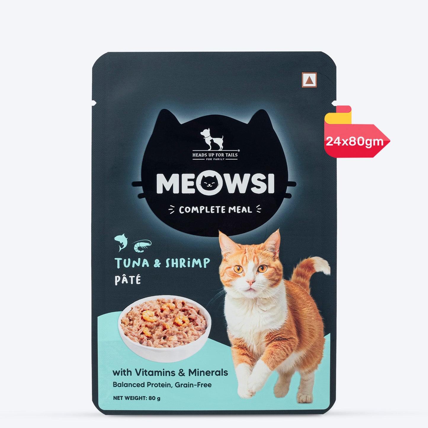Meowsi by HUFT Tuna & Shrimp pâté Cat Wet Food, 80 gm, grain-free, with vitamins and minerals for balanced nutrition.
