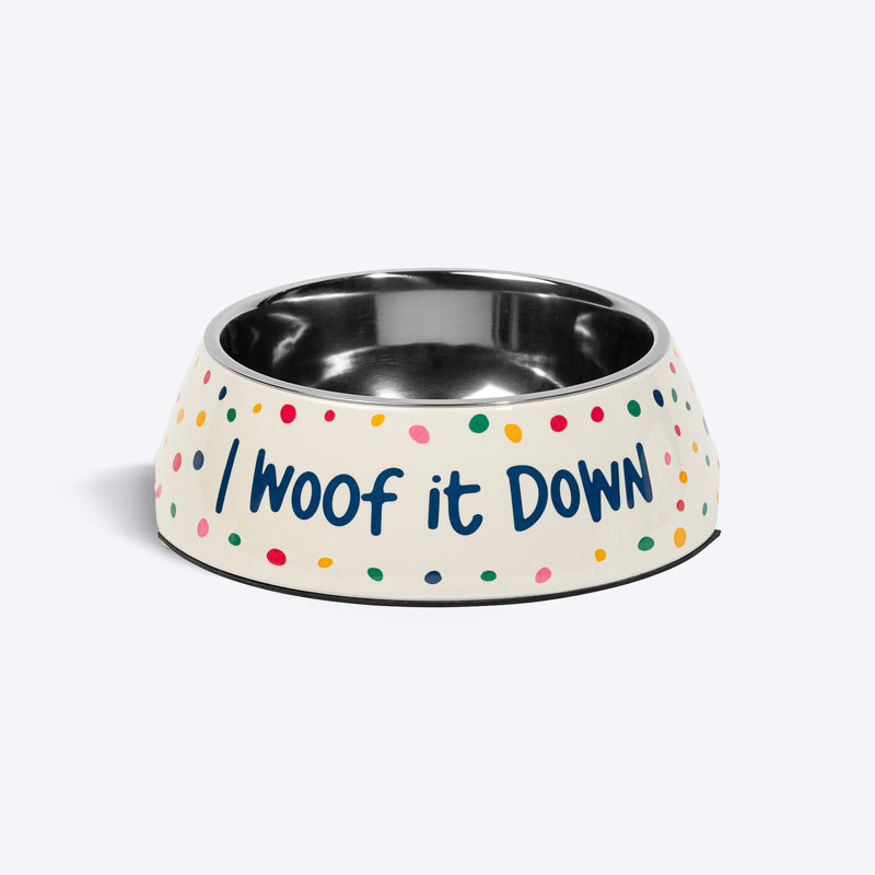 HUFT I Woof It Down Printed Melamine Bowl With Steel Insert For Dog - Beige - Heads Up For Tails